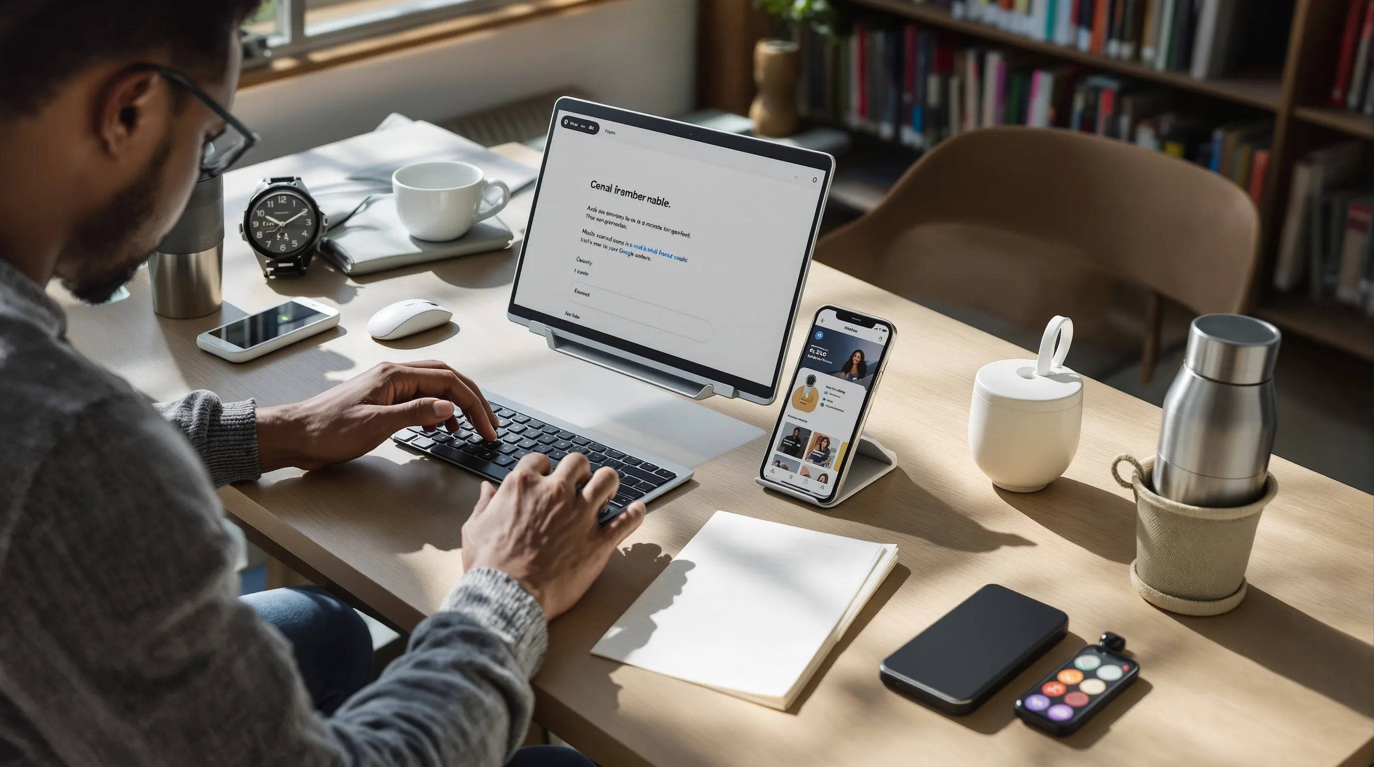 Remote worker in a sunlit U.S. library using compact, sustainable work gear.