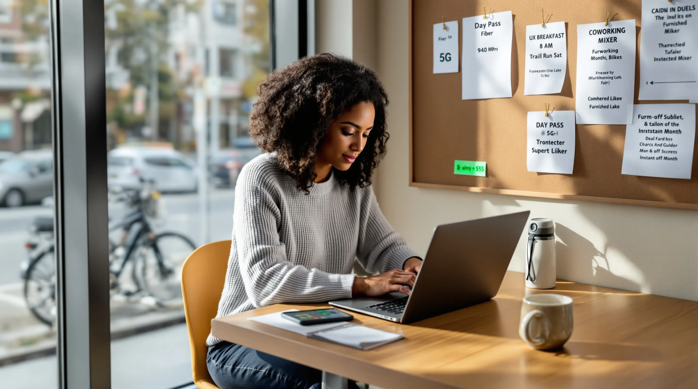 Remote worker in bright coworking space with fiber internet and transit outside.