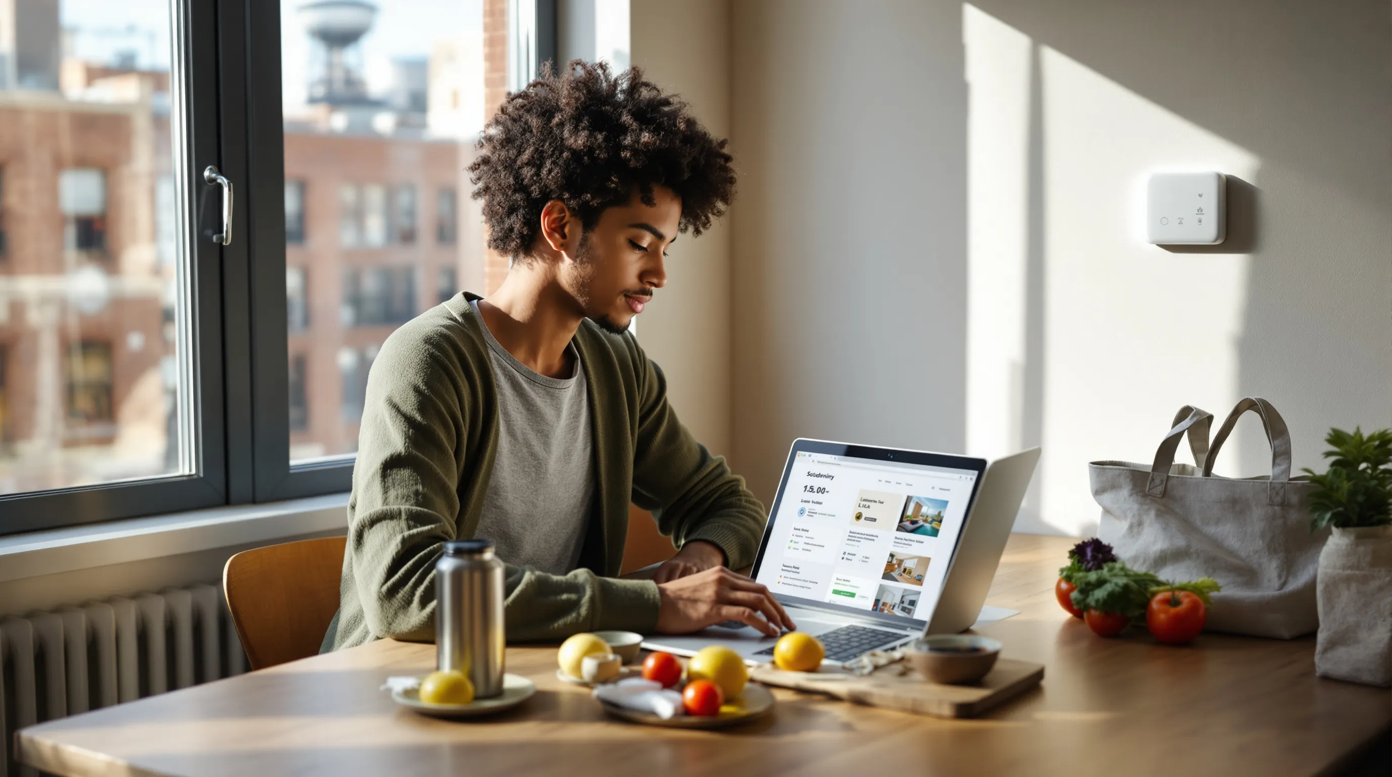 Traveler planning eco-friendly lodging with certifications in a sunlit U.S. apartment.