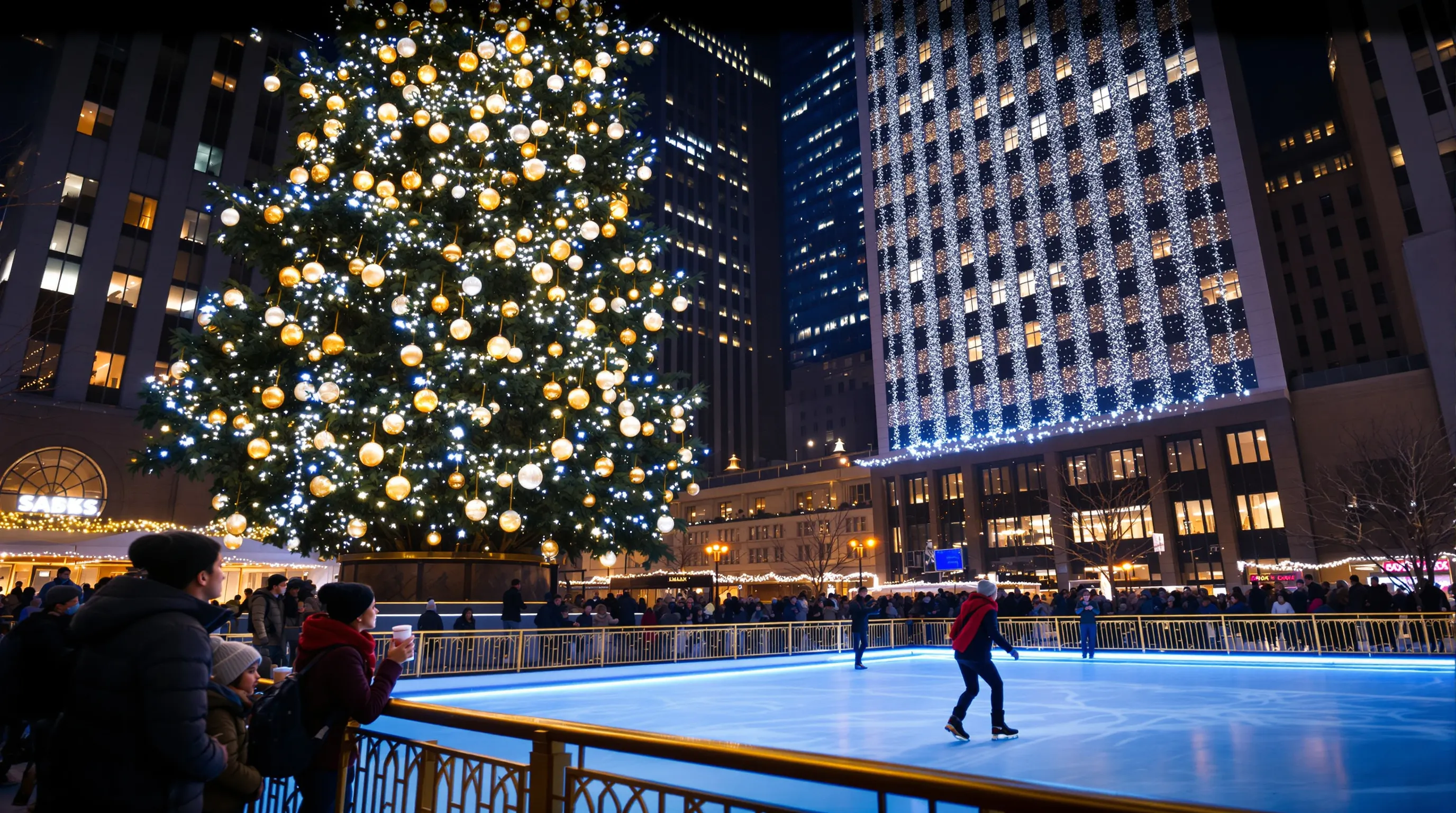 Rockefeller Center tree and skaters amid Fifth Avenue holiday lights at night.