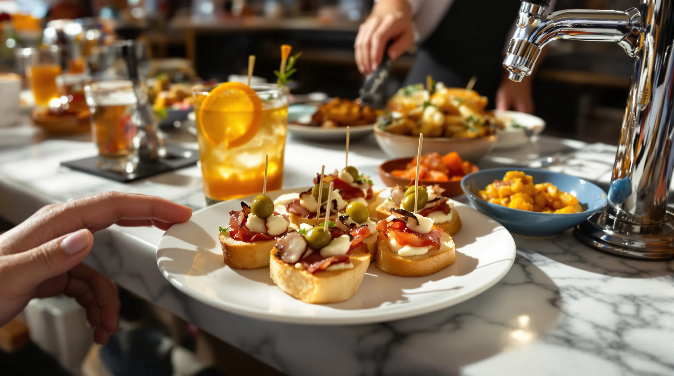 Close-up of pintxos and vermut at a lively Barcelona market bar.