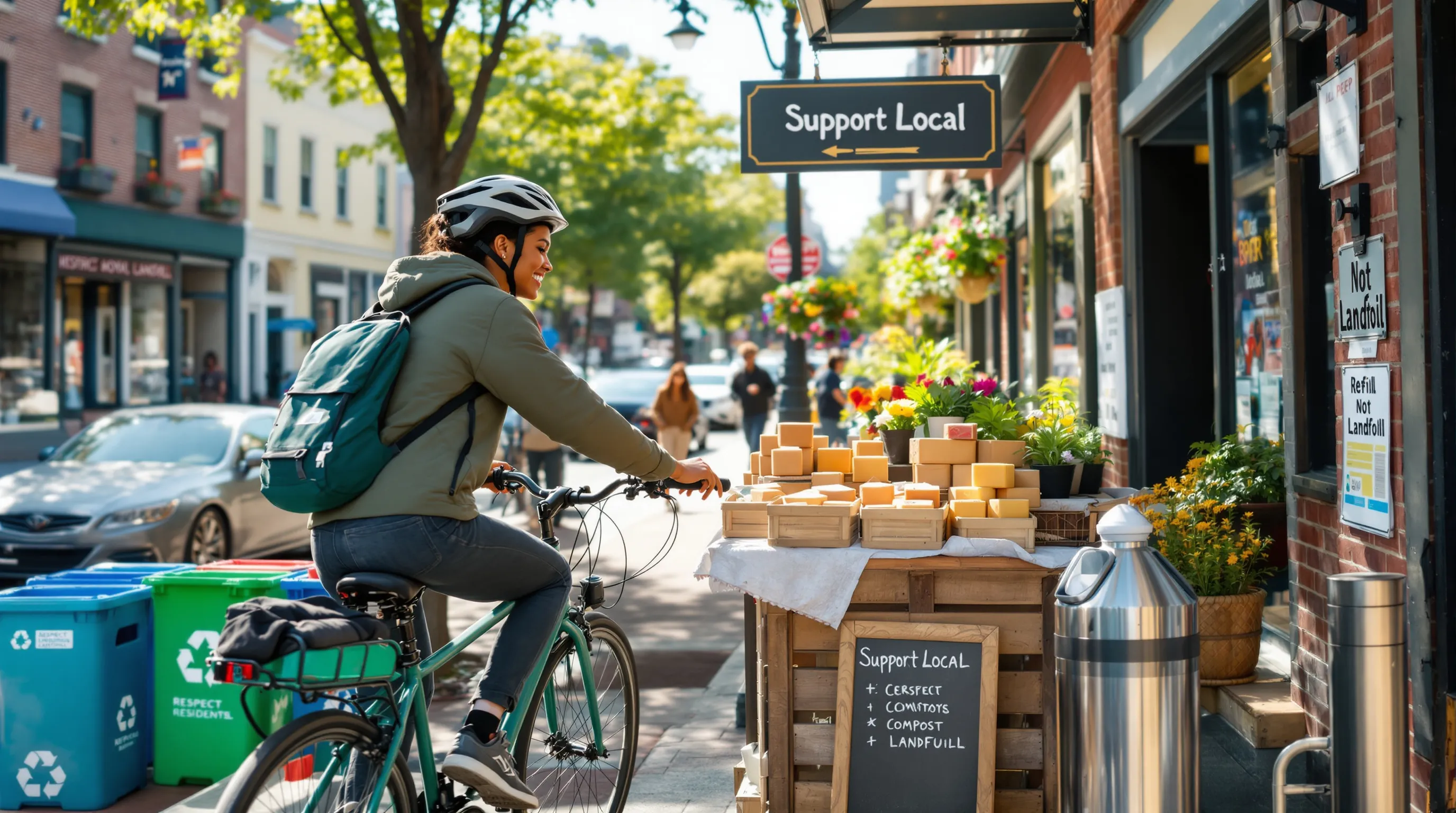 Cyclist buys local goods on a historic U.S. main street with recycling.