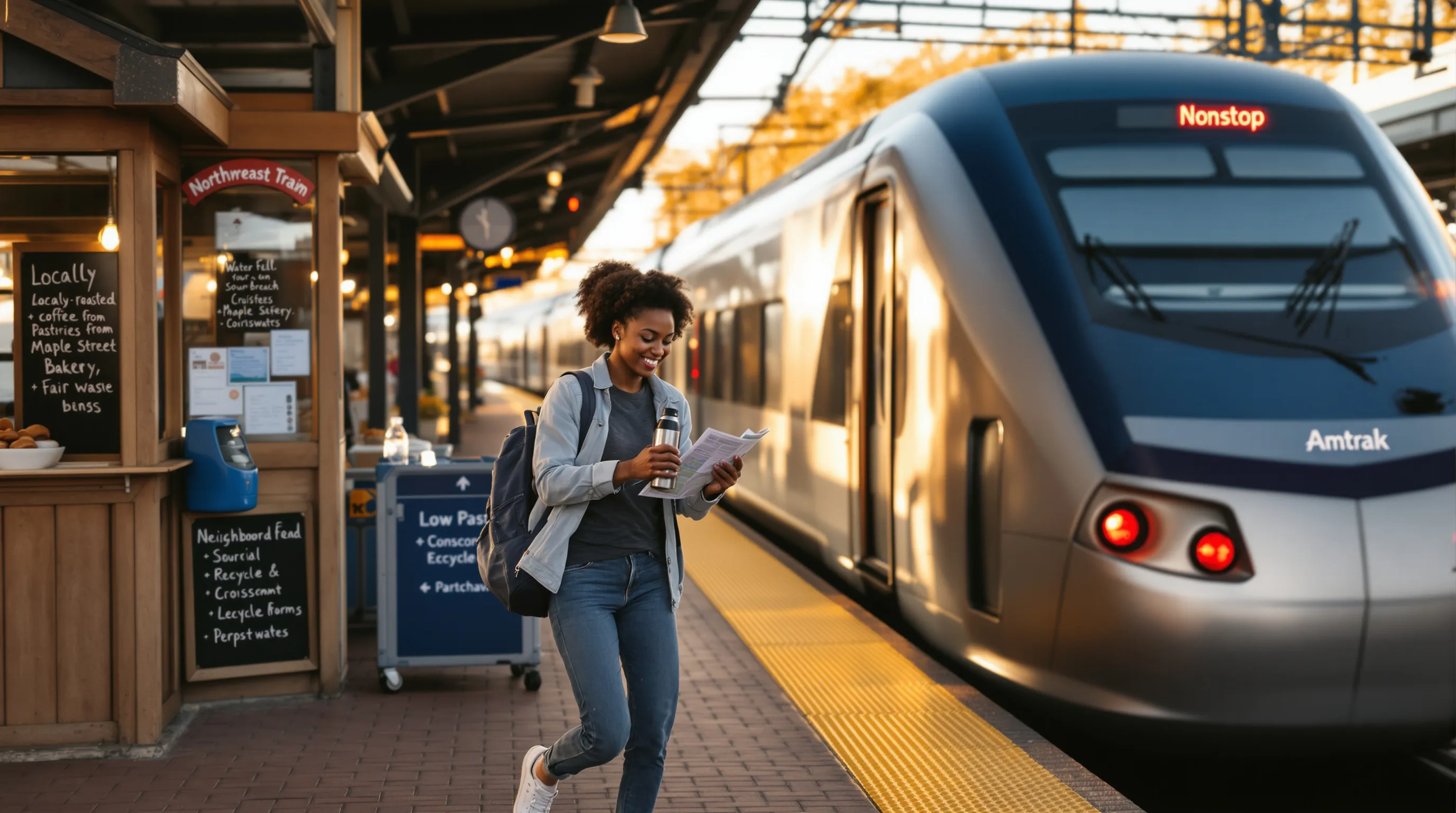Traveler with reusable bottle boarding an Amtrak train at sunset platform.