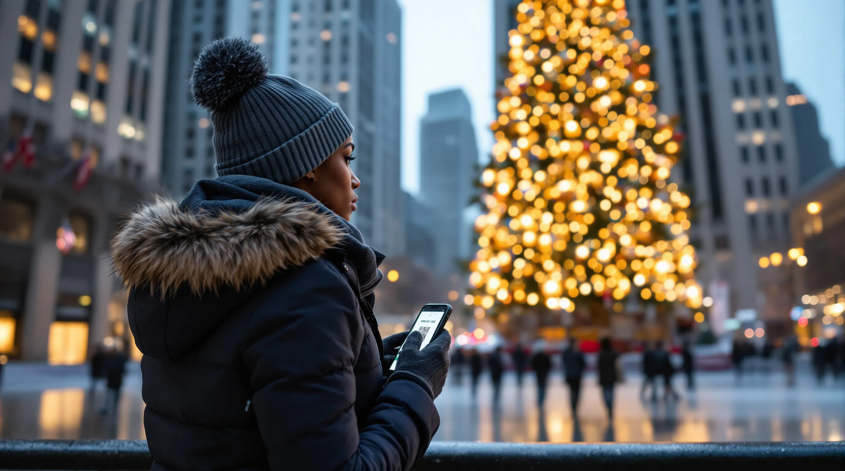 Bundled visitor admiring Rockefeller Center Christmas tree at dawn in NYC.