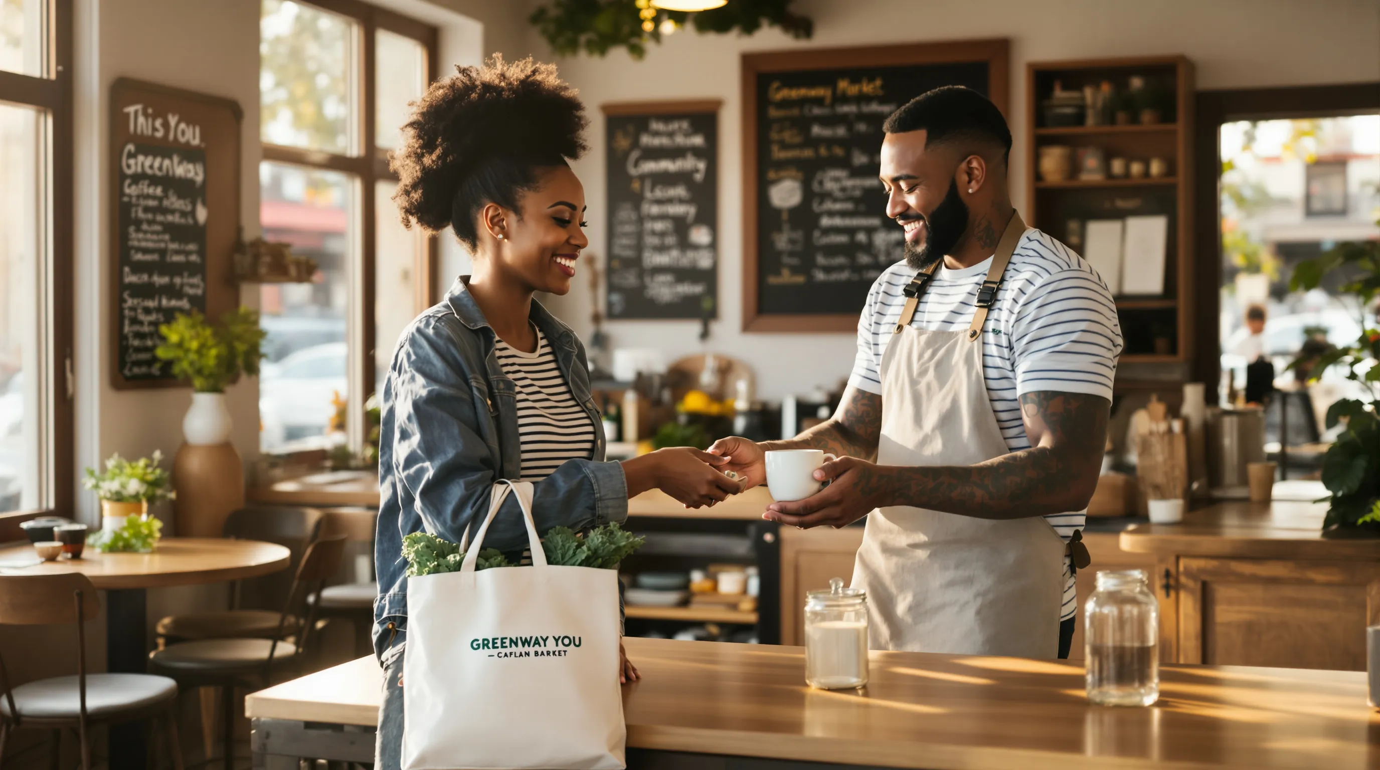Remote worker tipping at local café, engaging respectfully in a US neighborhood.