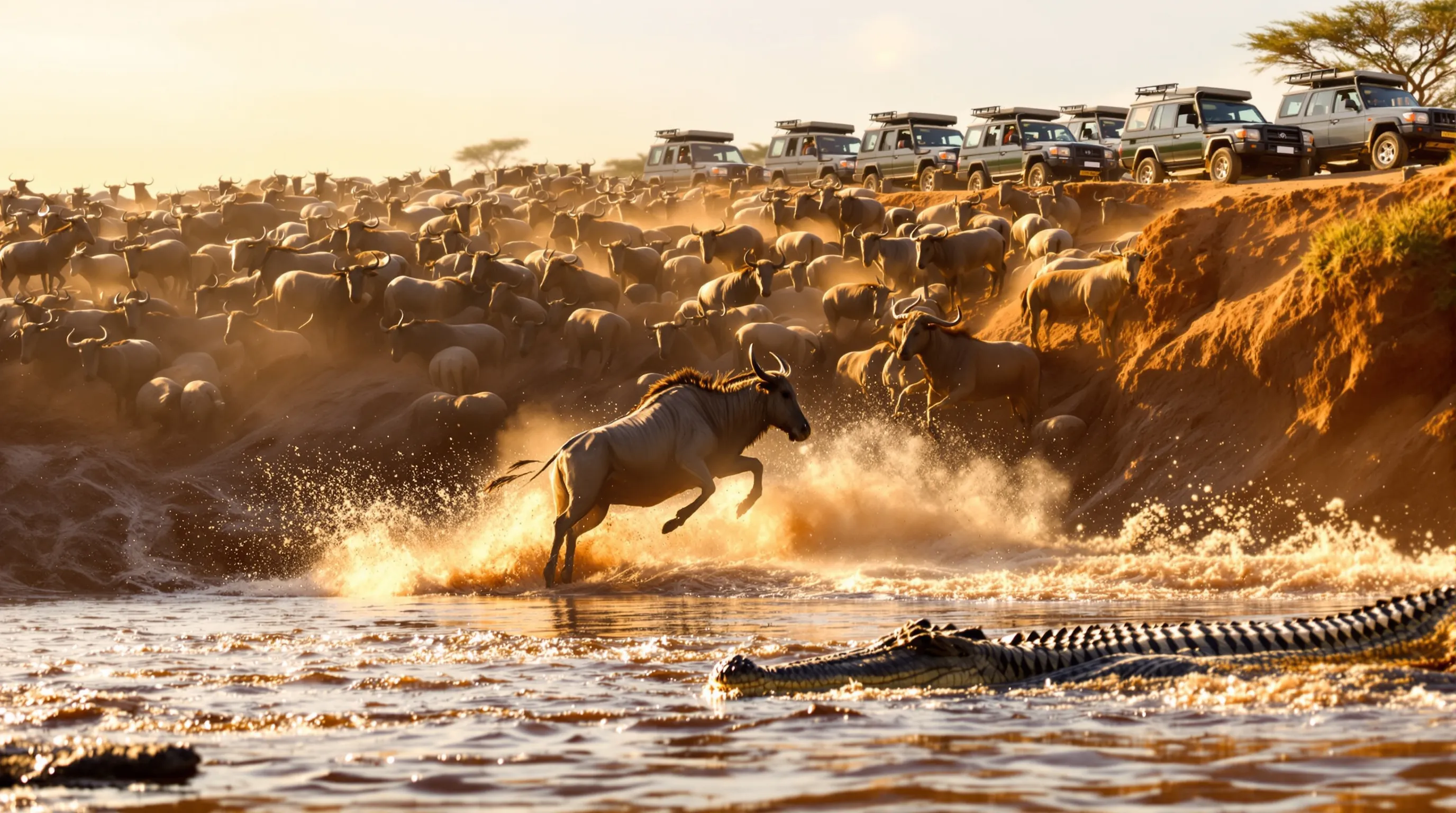 Wildebeest leap into the Mara River at golden hour as safari vehicles watch.