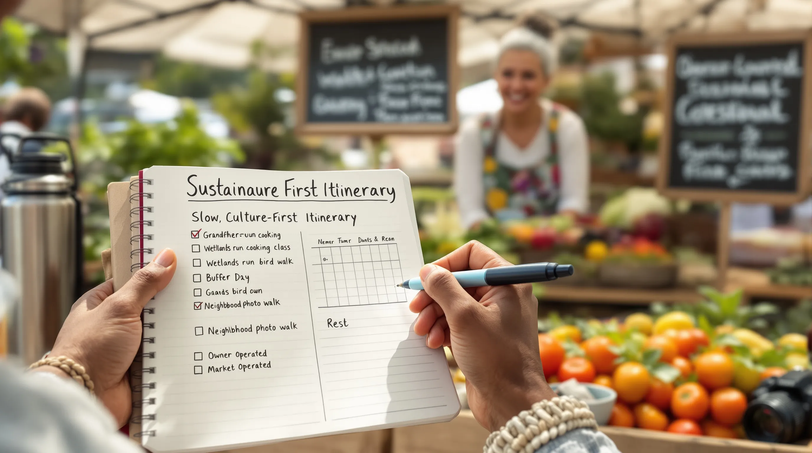 Open travel planner at a U.S. farmers market, emphasizing slow, local choices.