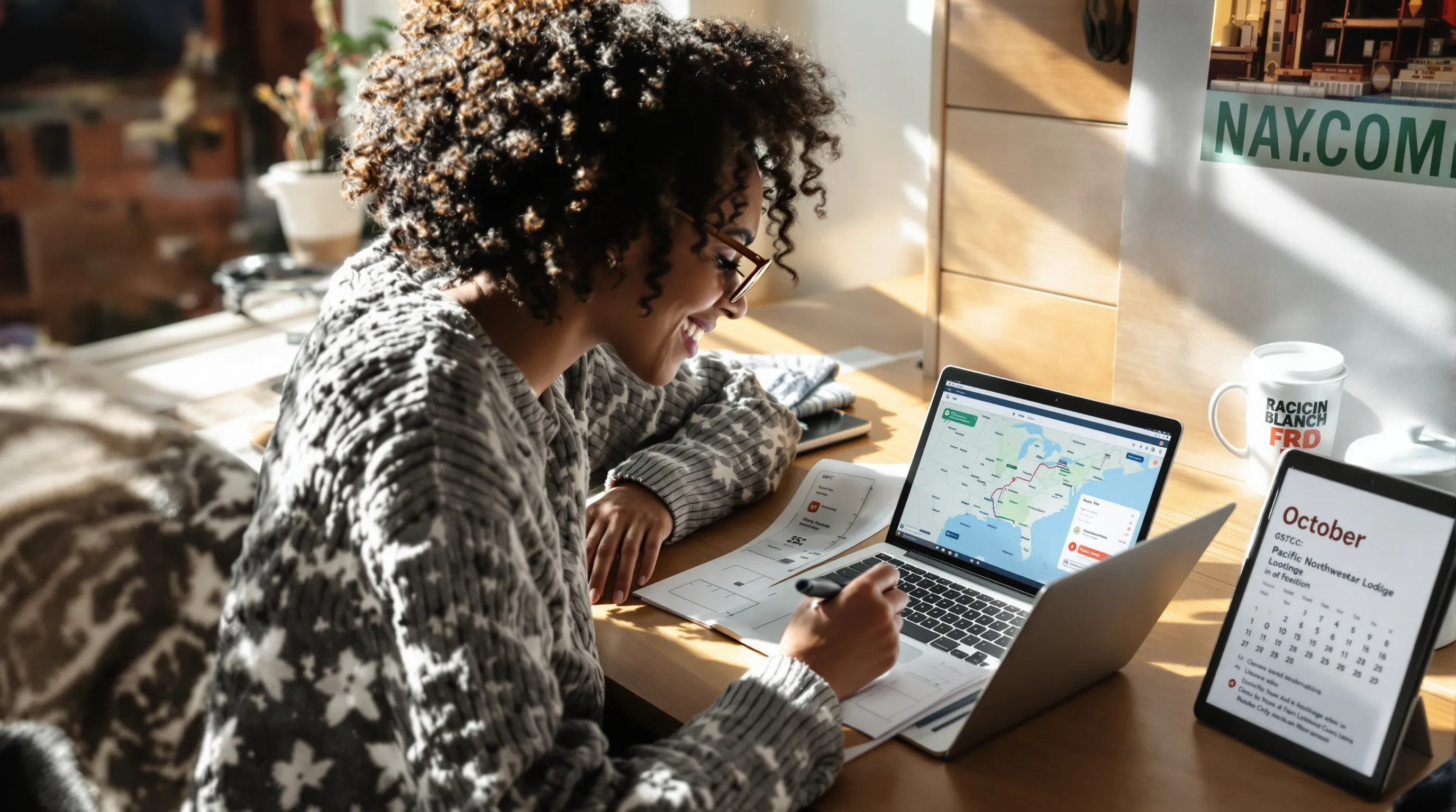 Young woman planning a sustainable U.S. trip with trains, eco-lodging, and offsets.