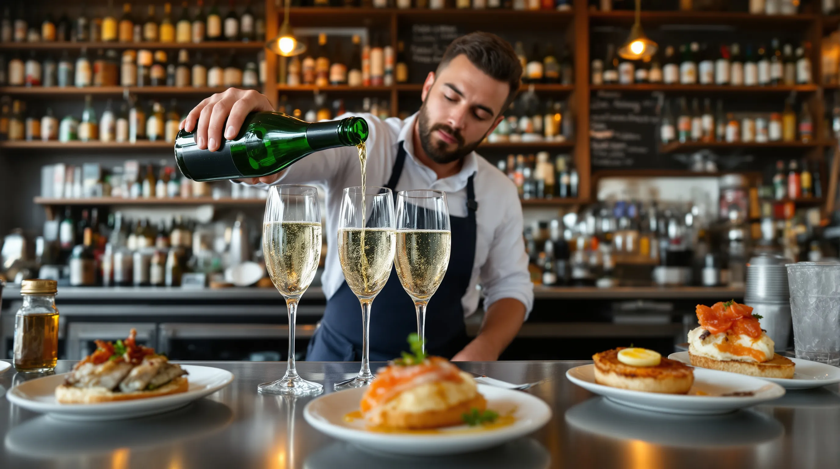 Bartender pours cava over tapas in a crowded Barcelona bodega.