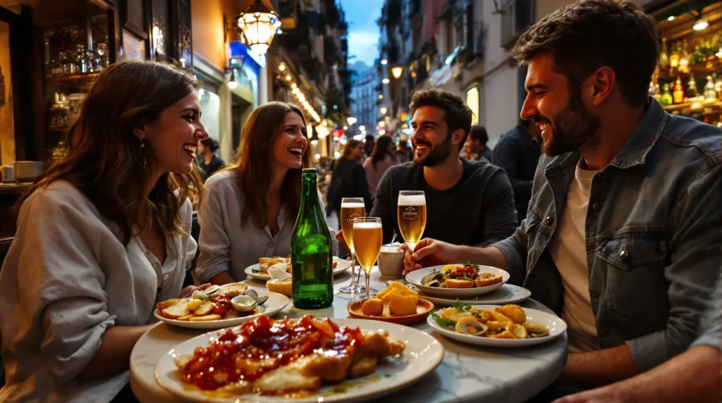friends sharing tapas and vermut in a lively barcelona bodega at night