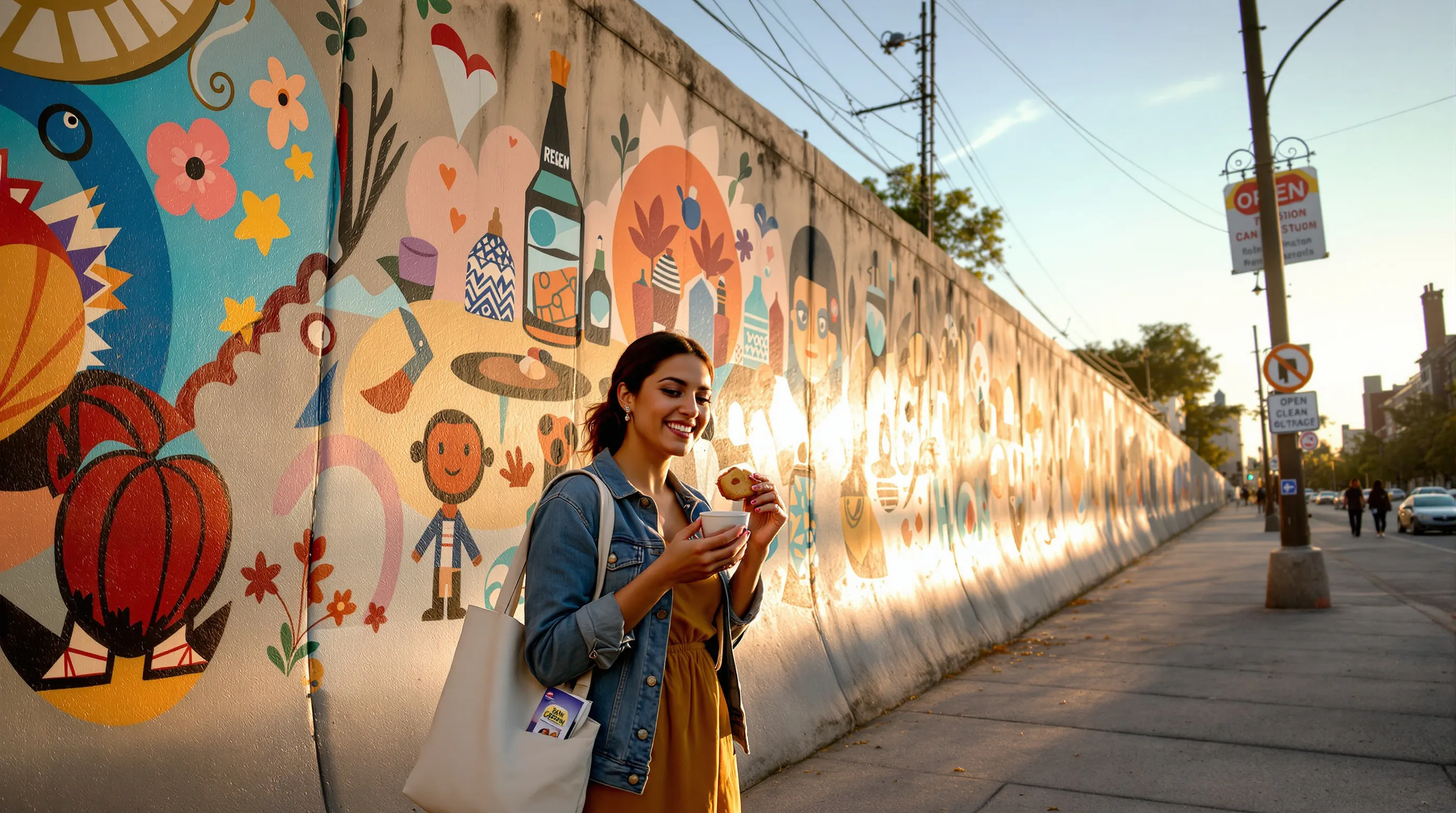 Woman enjoys pan dulce by Pilsen murals on a sunny afternoon.