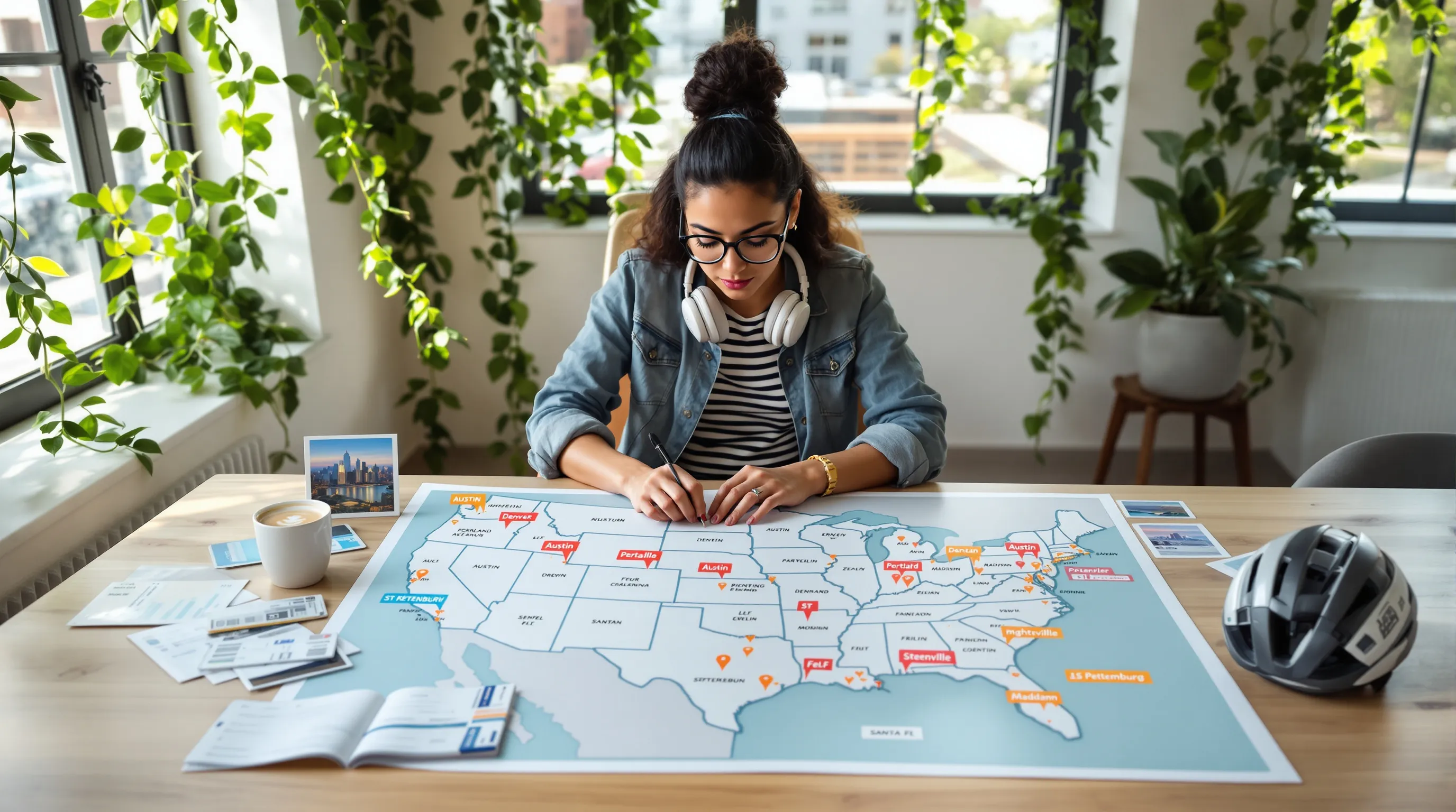 Remote worker plans US cities with map, laptop, and destination postcards.