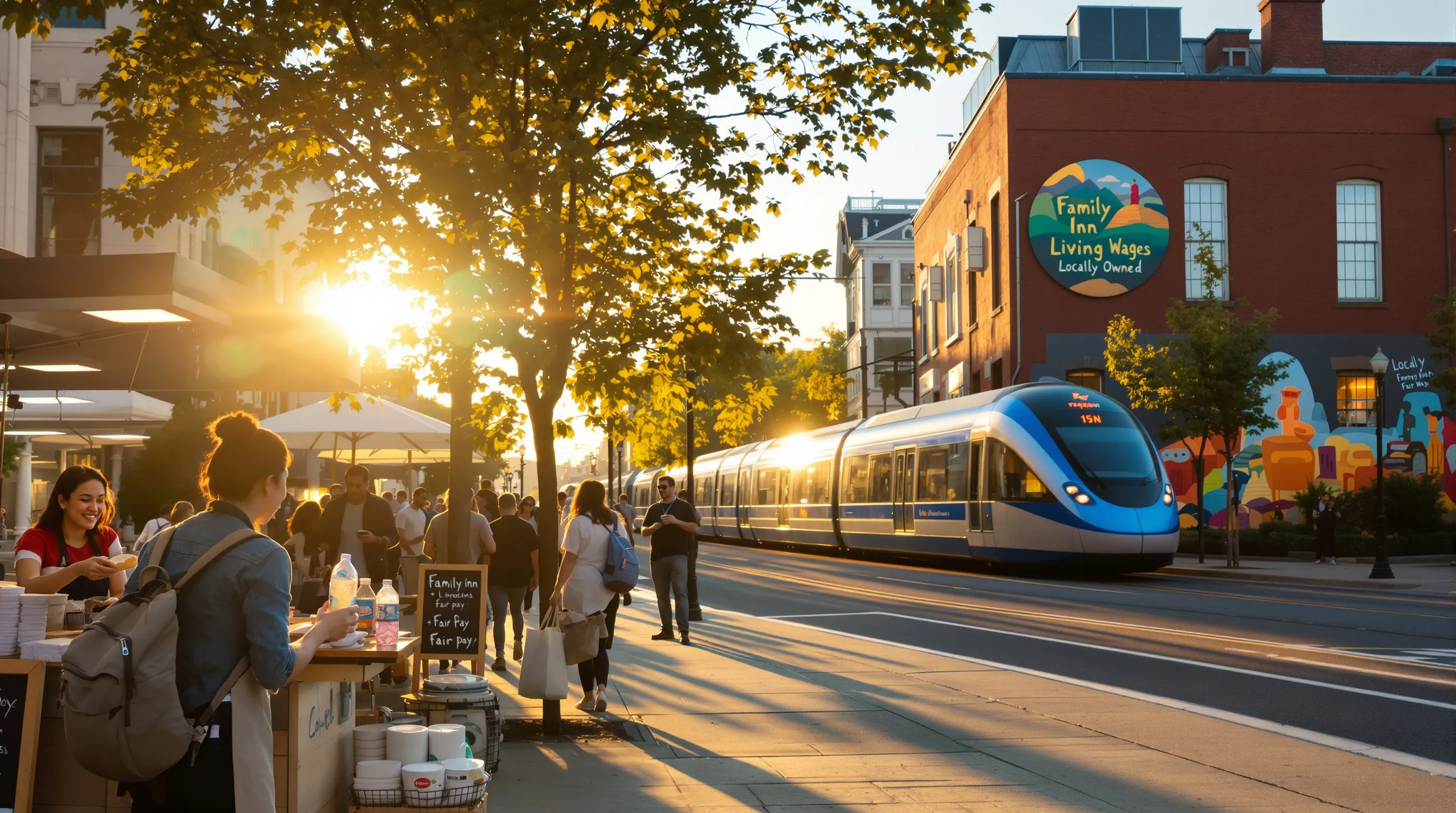 Traveler buys local food near train, family-run inn, and community mural.