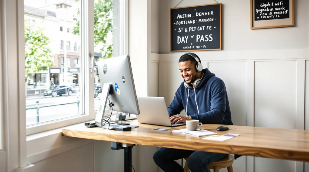 remote worker in a sunlit u s cafe with bike lane and light rail