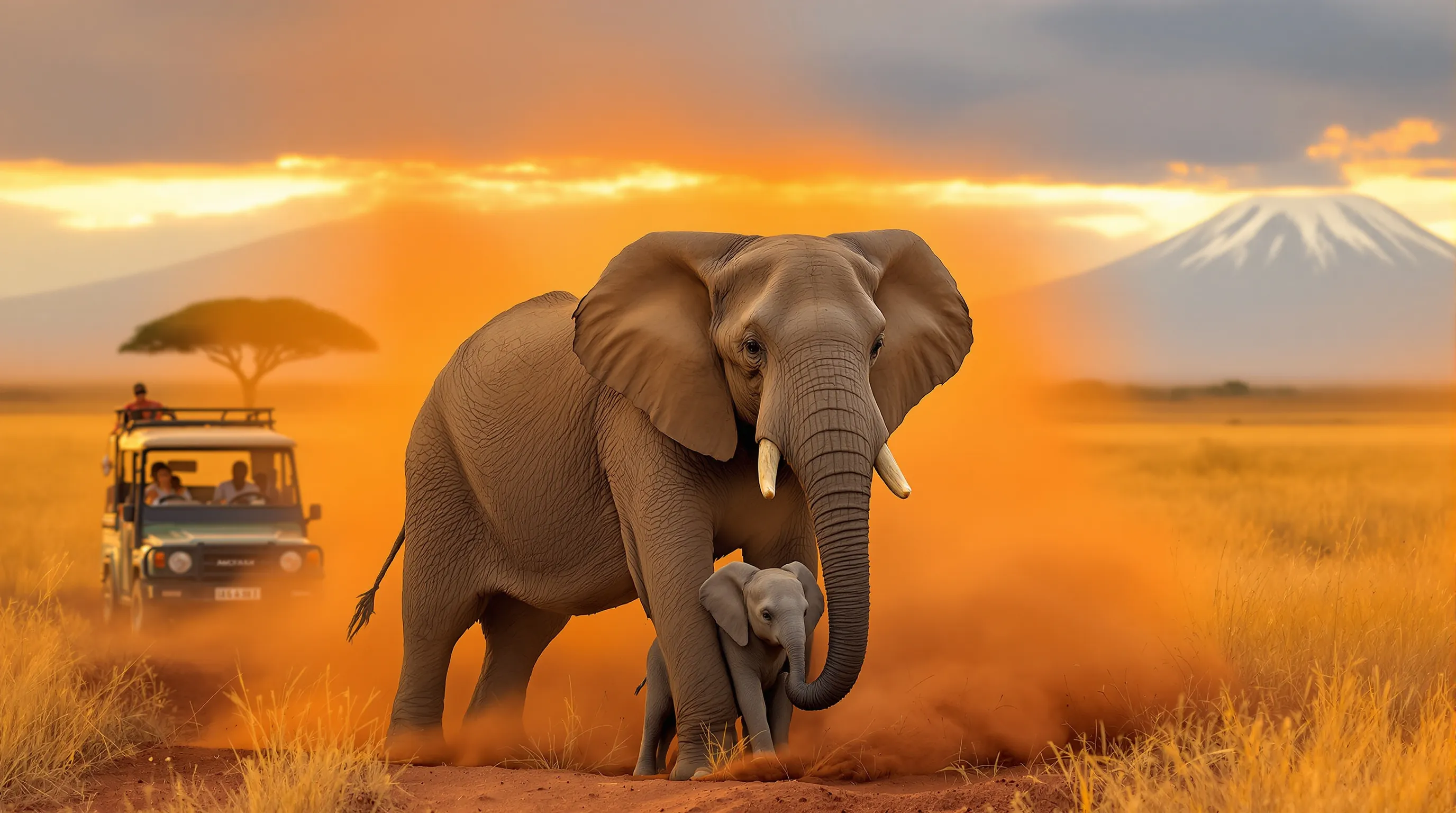 Elephant matriarch shields her calf at dawn with Mount Kilimanjaro behind.