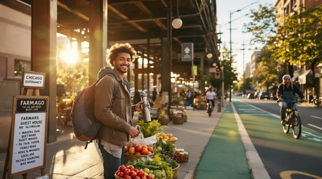traveler buys local produce at a chicago market beneath the l train