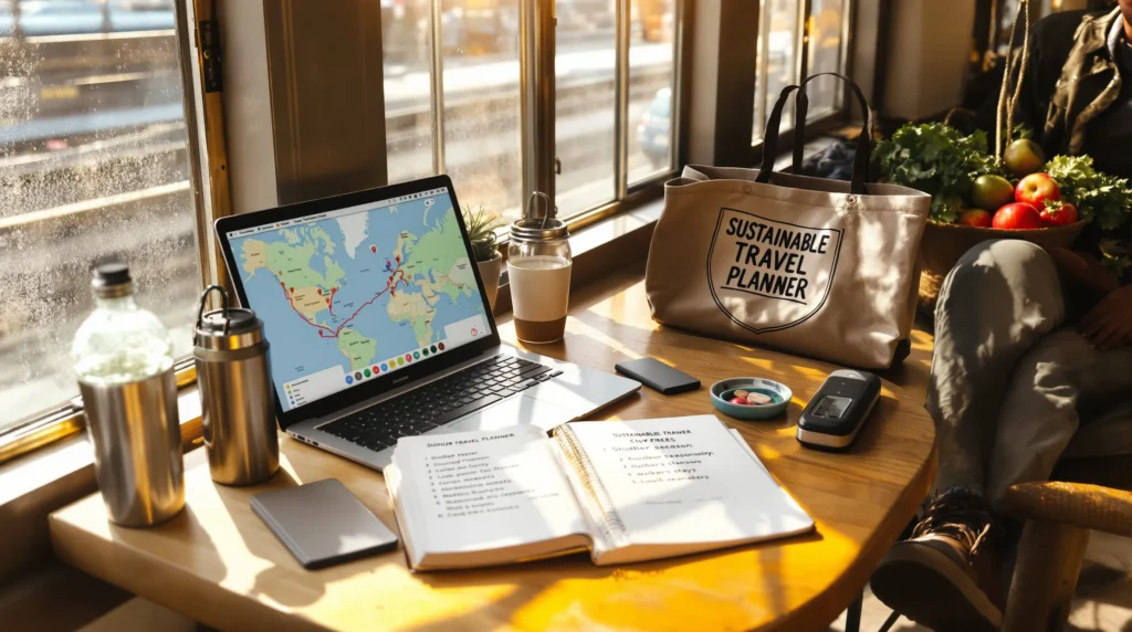 traveler planning a sustainable u s trip with laptop reusables and train view