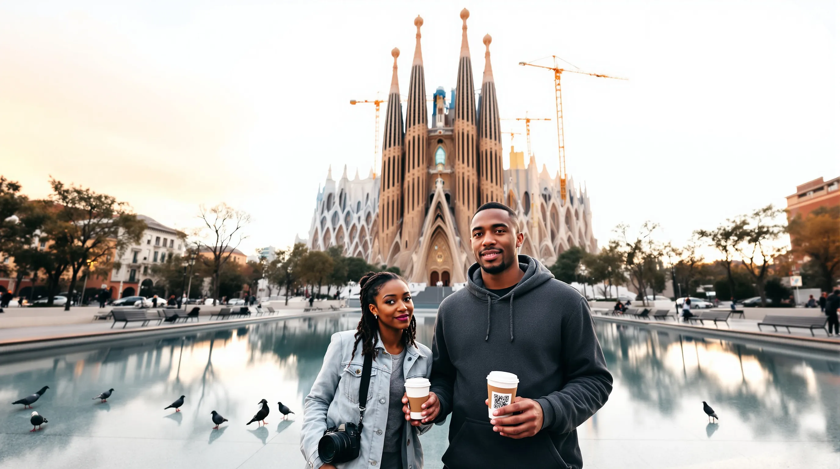 Sagrada Família at sunrise reflected in a calm pool, with two early visitors.