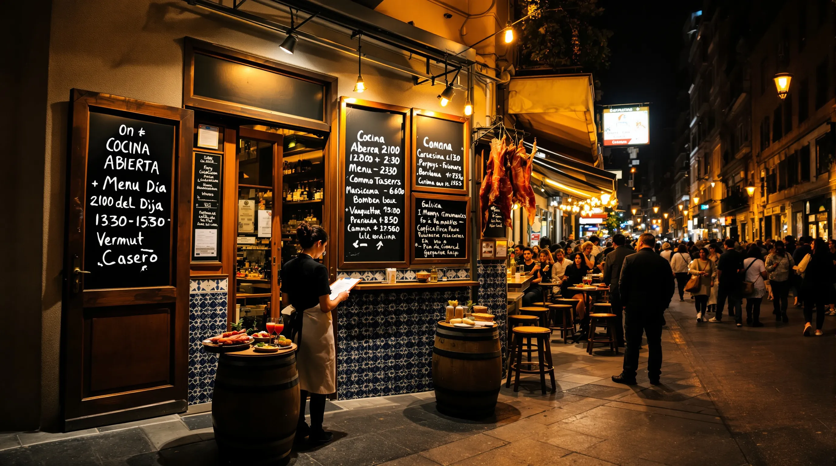 Lively Barcelona tapas bar at night with waitlist, vermut, and plates of tapas.