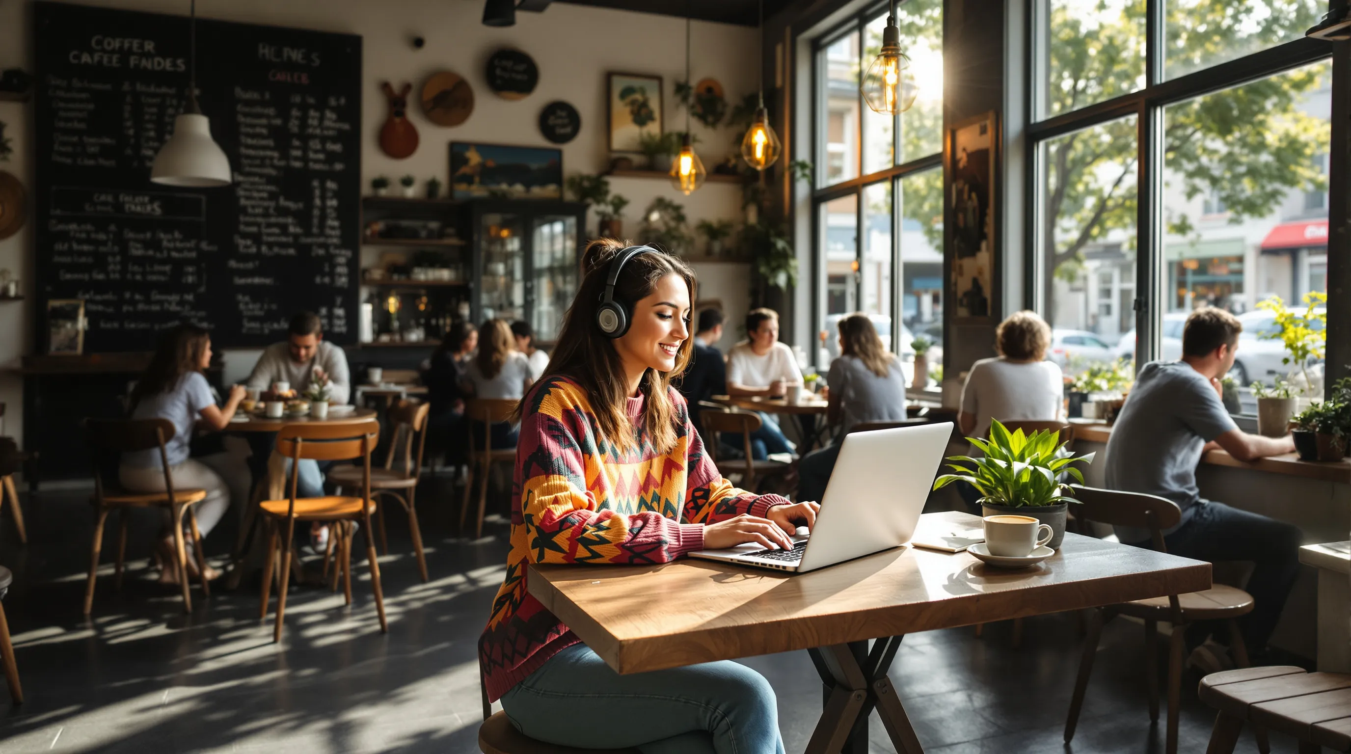 A young woman working in a café, embodying digital nomad life in the morning.
