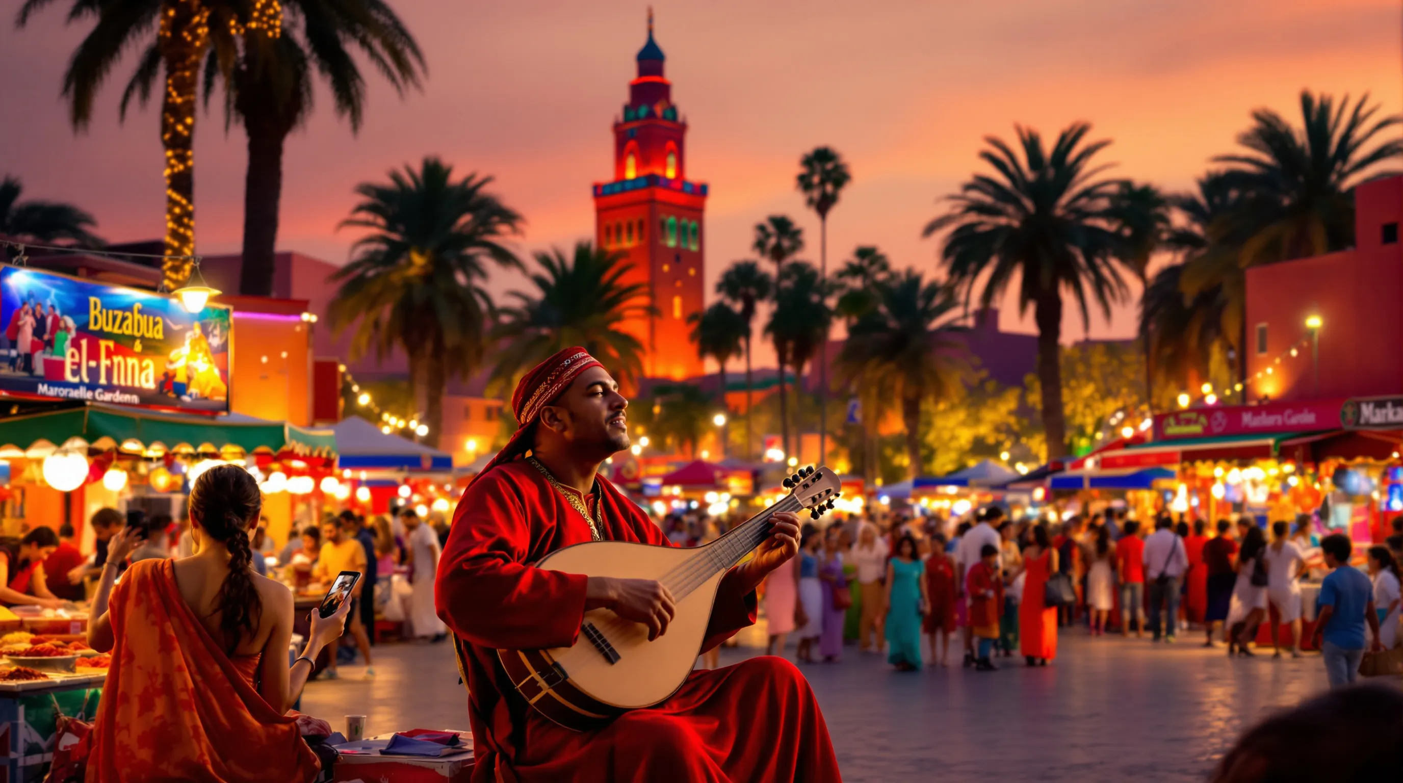 A bustling evening scene at Djemaa el-Fnaa square in Marrakech.