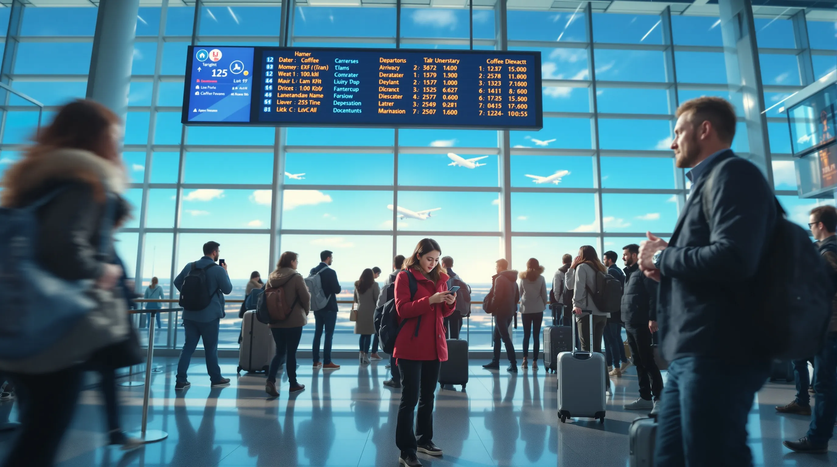 travelers in a busy airport, emphasizing the rush of fast travel.