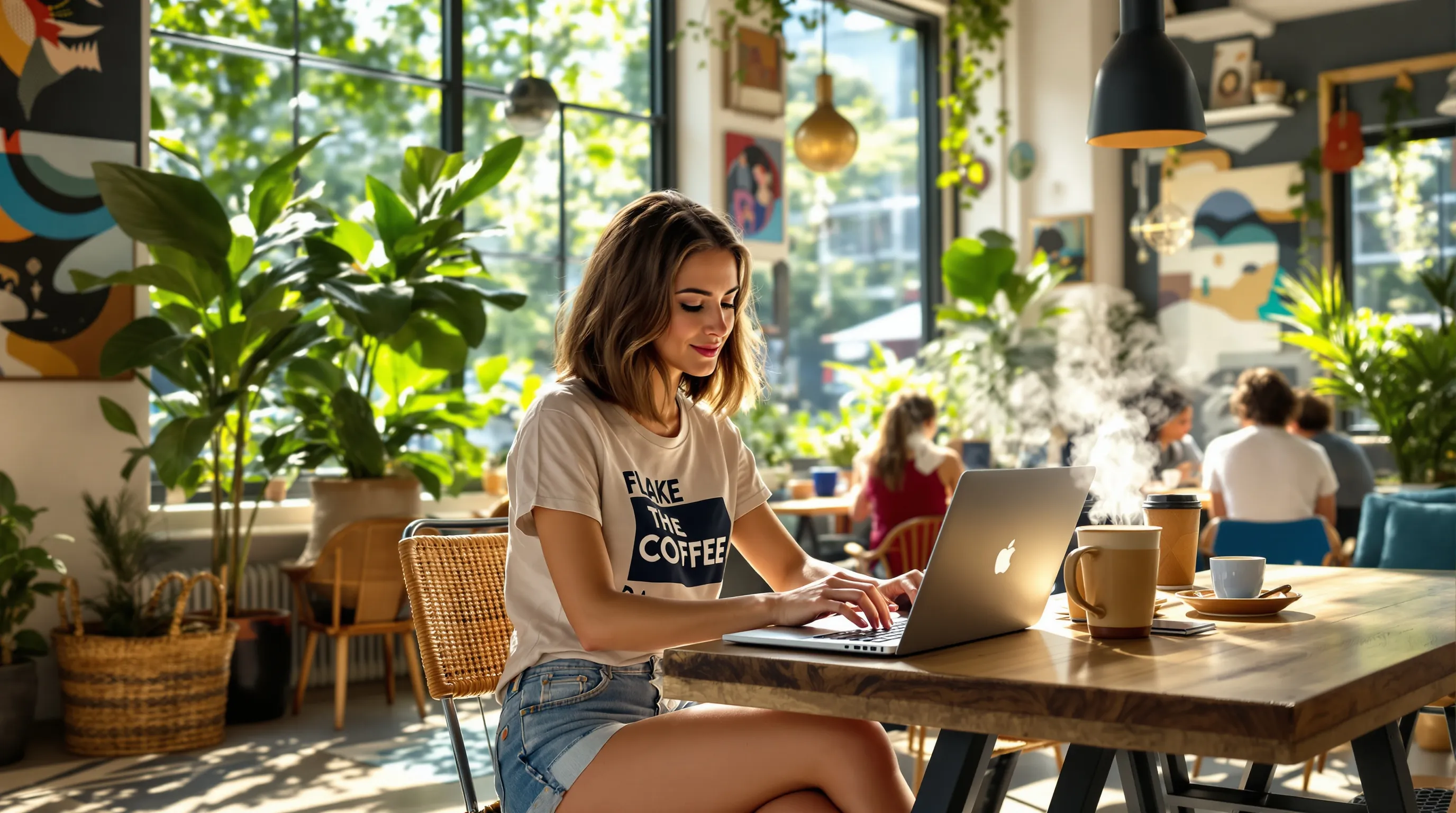 a woman working on her laptop in a lively coworking space.