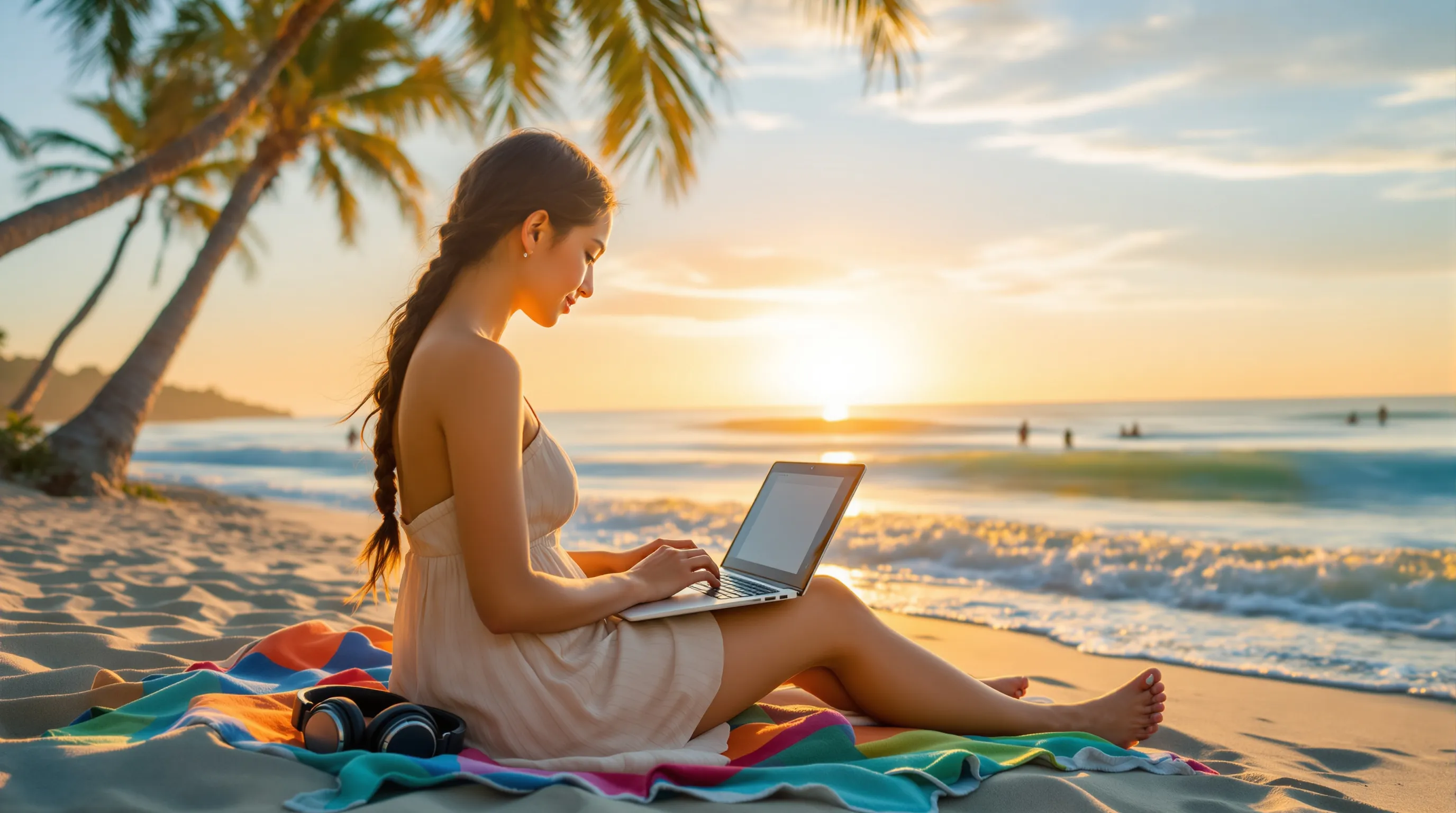 a woman working on a laptop at a beach during sunset.