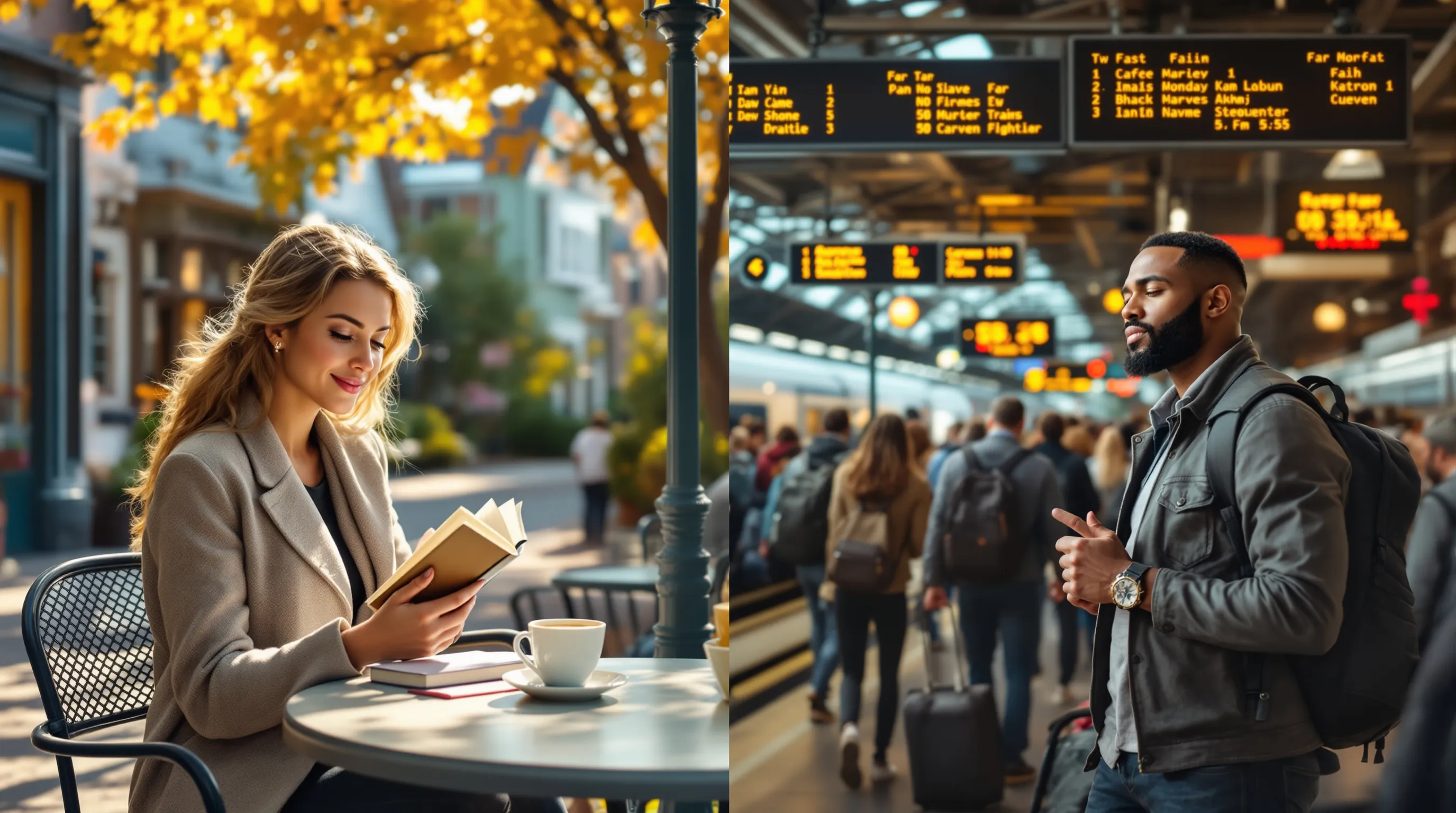 A woman enjoying coffee outdoors symbolizes slow travel, contrasting with busy travelers in a train station.