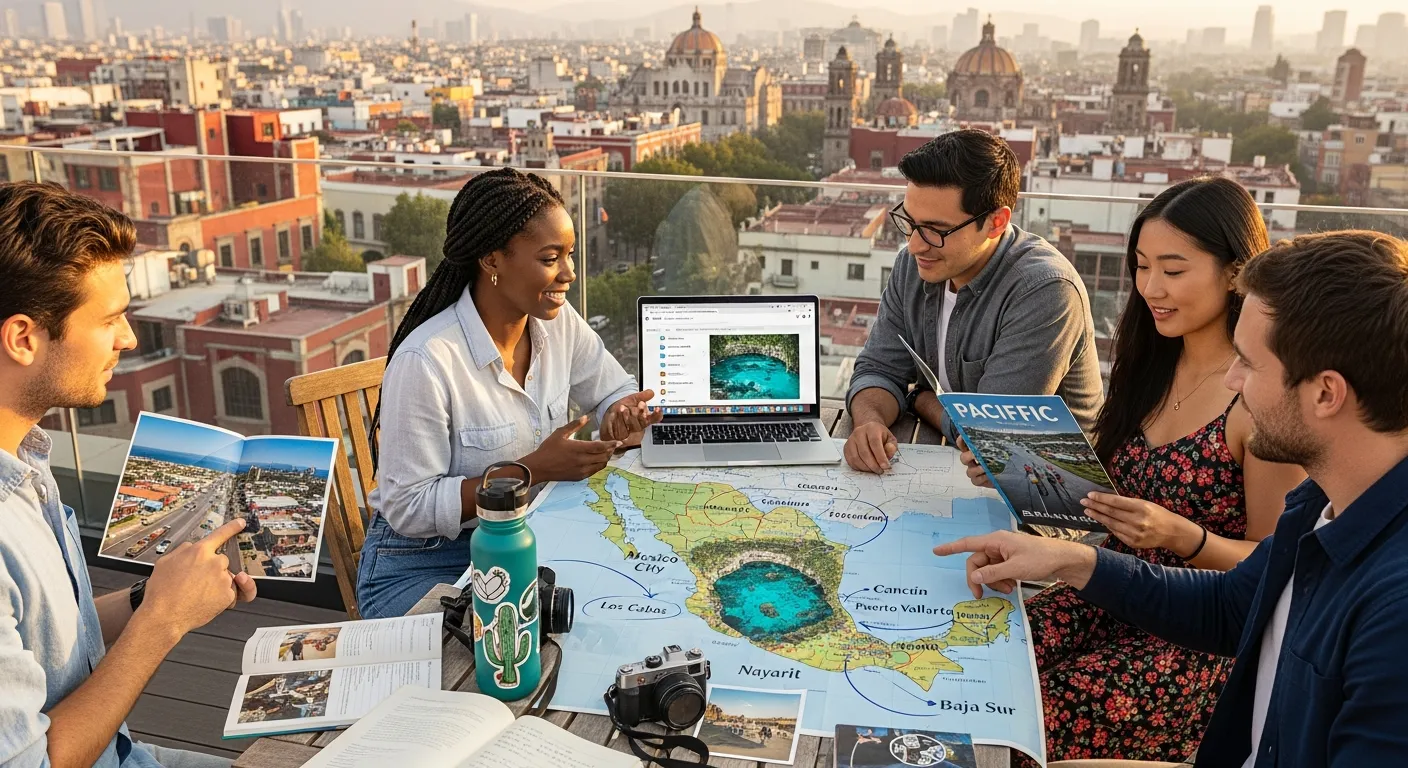 Diverse group of US travelers planning a multi-stop trip to Mexico on a rooftop.