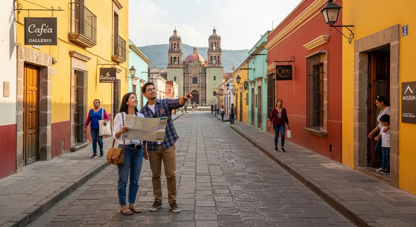 Travelers walking a colonial street in Oaxaca’s historic center toward Santo Domingo.