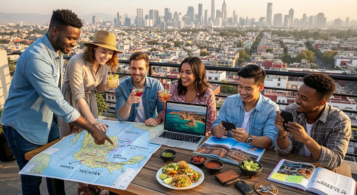 Diverse U.S. travelers on a Mexico City rooftop planning different regions to visit.