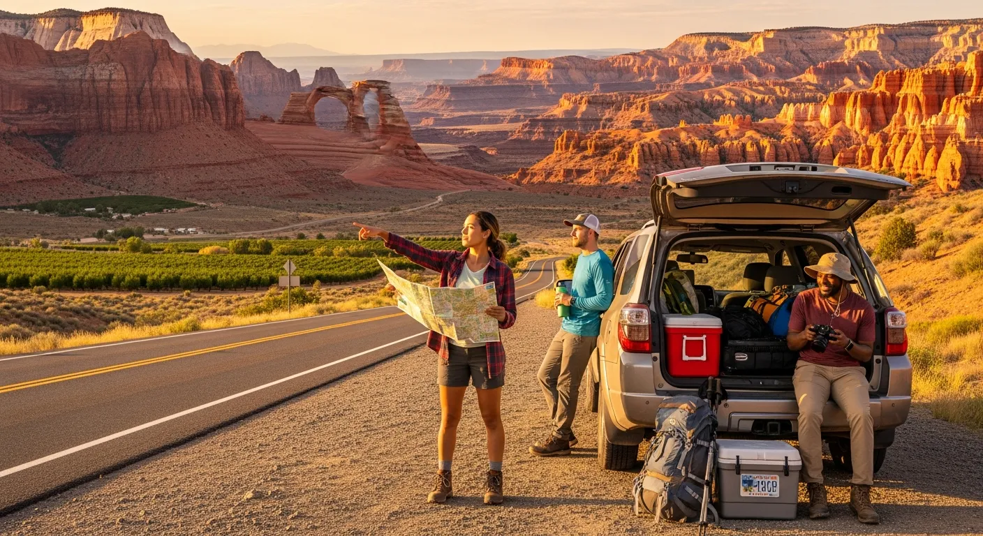 Friends at a Utah desert overlook enjoying a relaxed road trip through national parks.