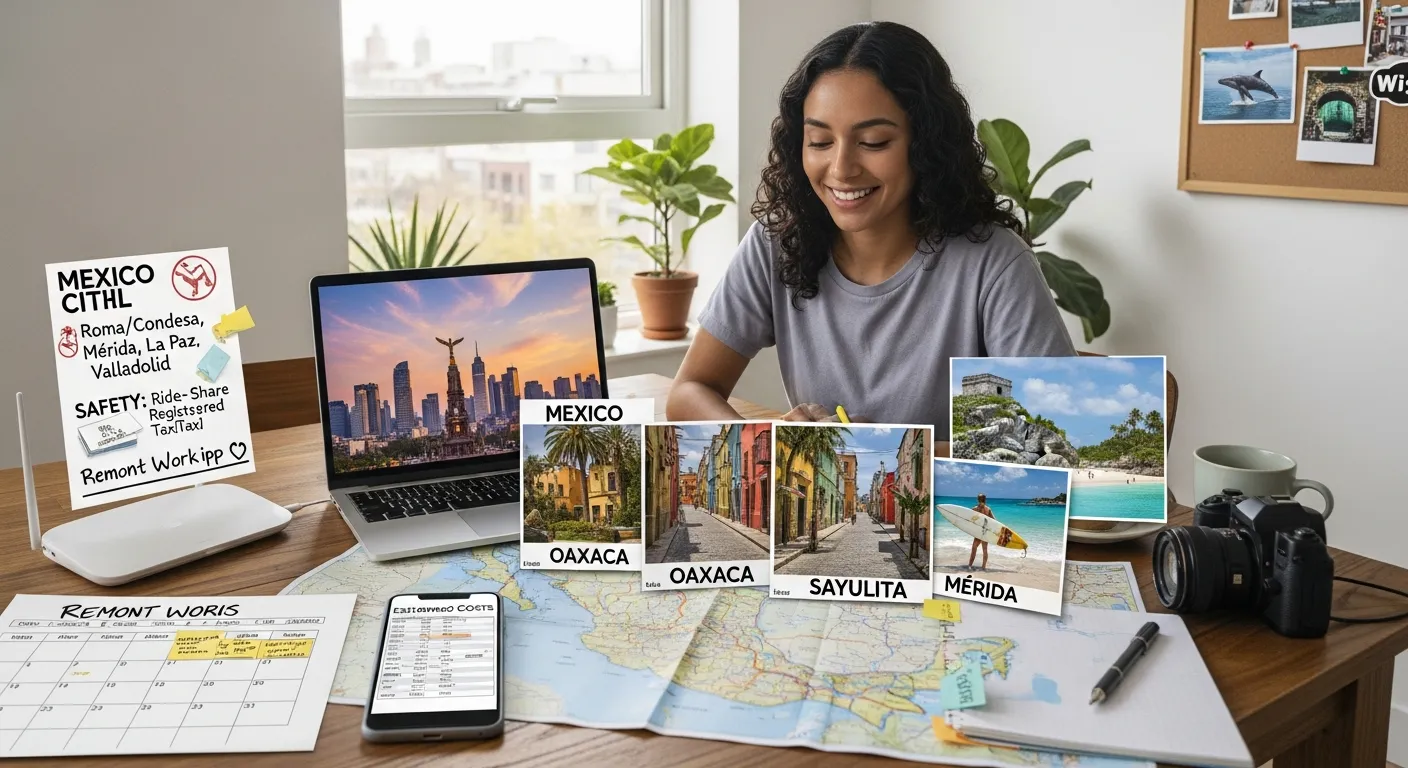 Young woman planning a Mexico trip with map, laptop, and destination photos.