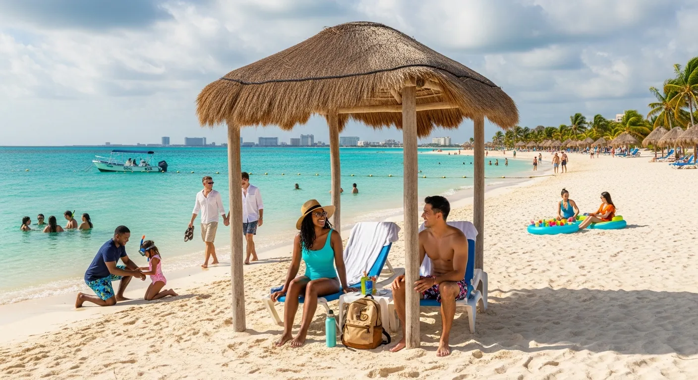 Diverse travelers relaxing under a palapa on a calm turquoise beach near Cancun.