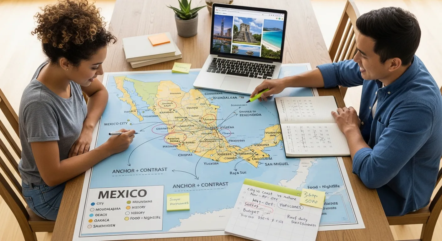 Two travelers plan a Mexico trip over a marked map and laptop at home.