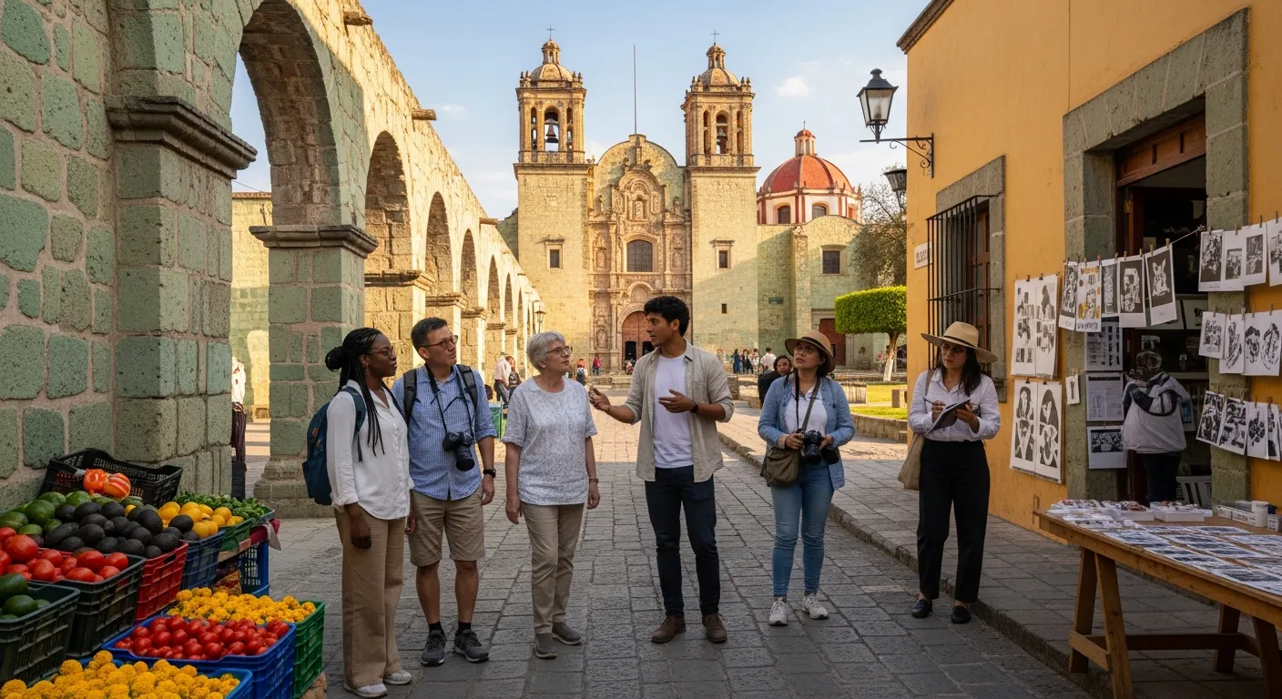 A diverse walking tour group explores Oaxaca’s historic center near Santo Domingo church.