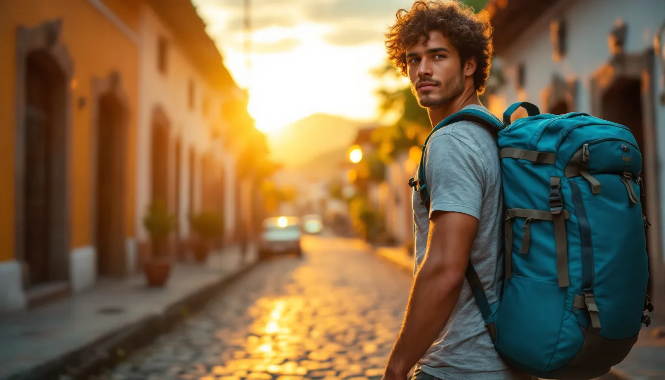 Young backpacker in Antigua street at sunset with volcano and chicken bus.