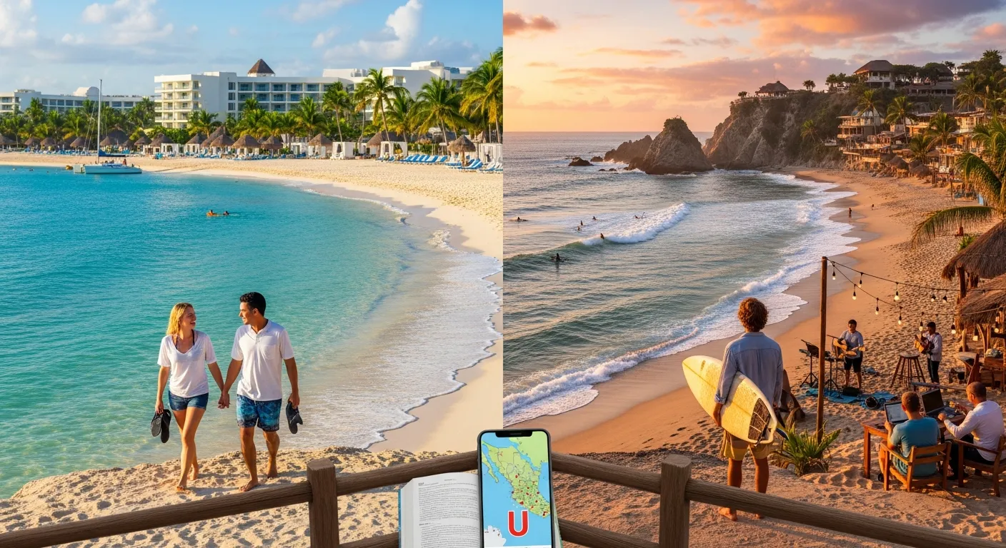 Split view of calm Caribbean beach and rugged Pacific surf beach in Mexico.
