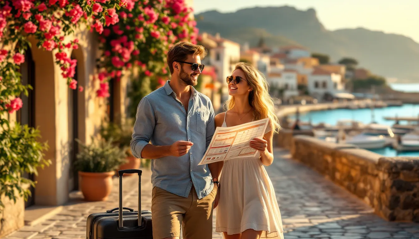 Young couple with luggage on a sunny stone street overlooking Rhodes Old Town harbor.
