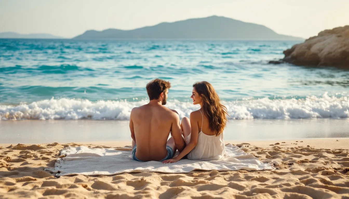 Couple planning their stay on a quiet Naxos beach in warm shoulder-season sun.