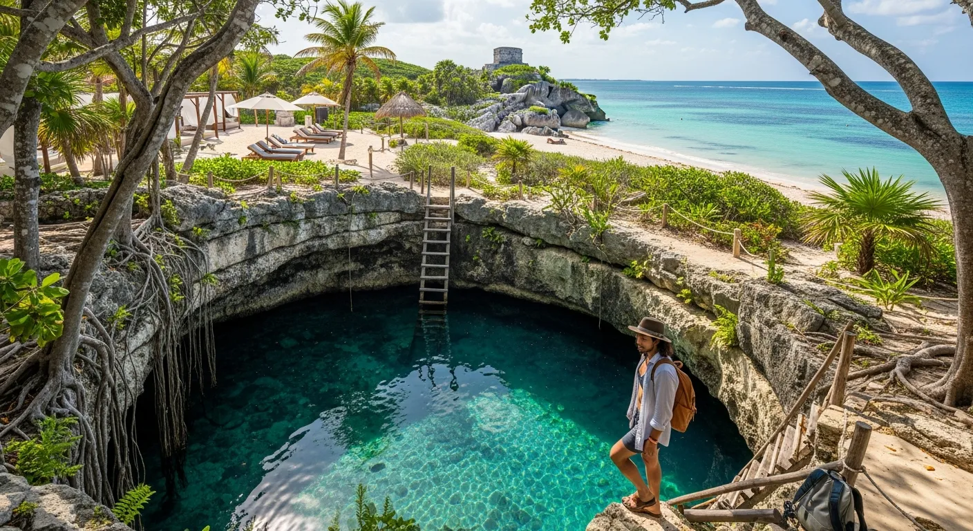 Traveler at a Yucatán cenote overlooking turquoise beach and Mayan cliff ruins.