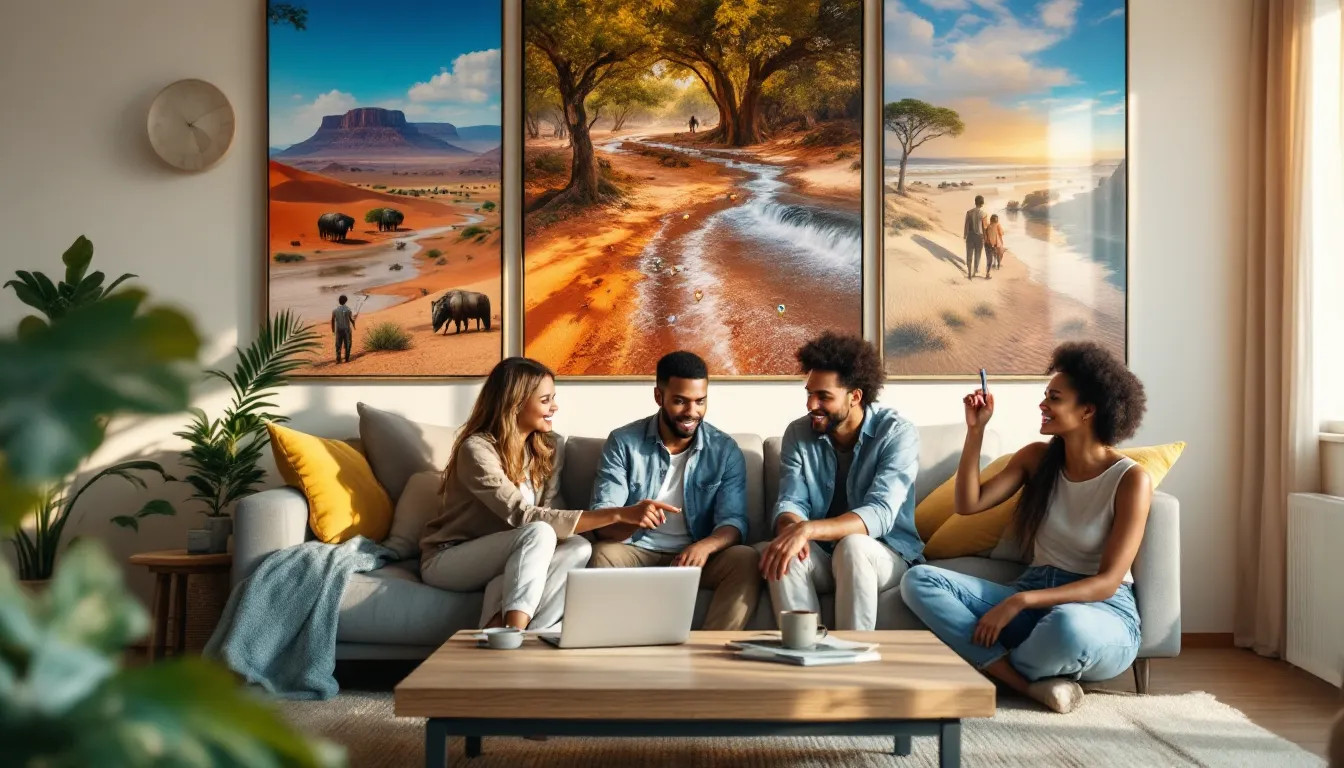 Diverse American friends plan an Africa trip surrounded by vivid destination scenes.