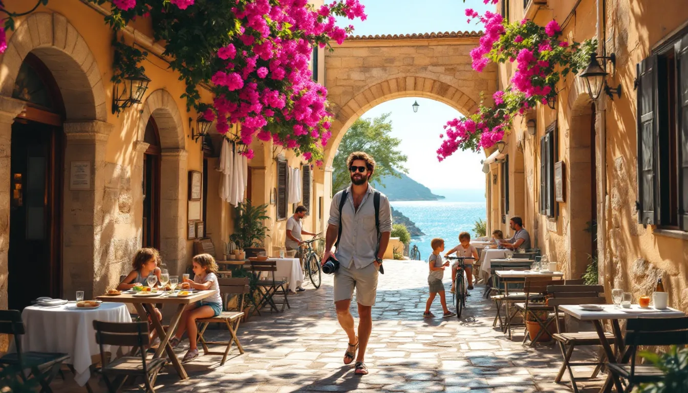 Traveler walking through Rhodes Old Town alley lined with medieval stone and local life.