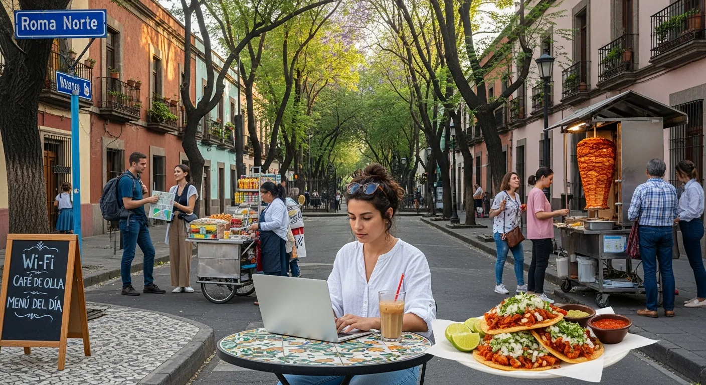 Young woman working at a café in Roma Norte with tacos and leafy streets.