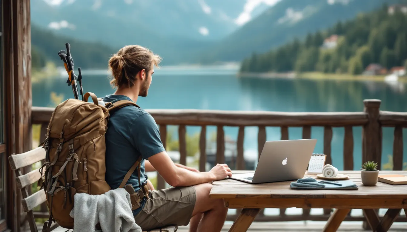Backpacker planning a Central America trip by a volcanic lake with laptop and pack.