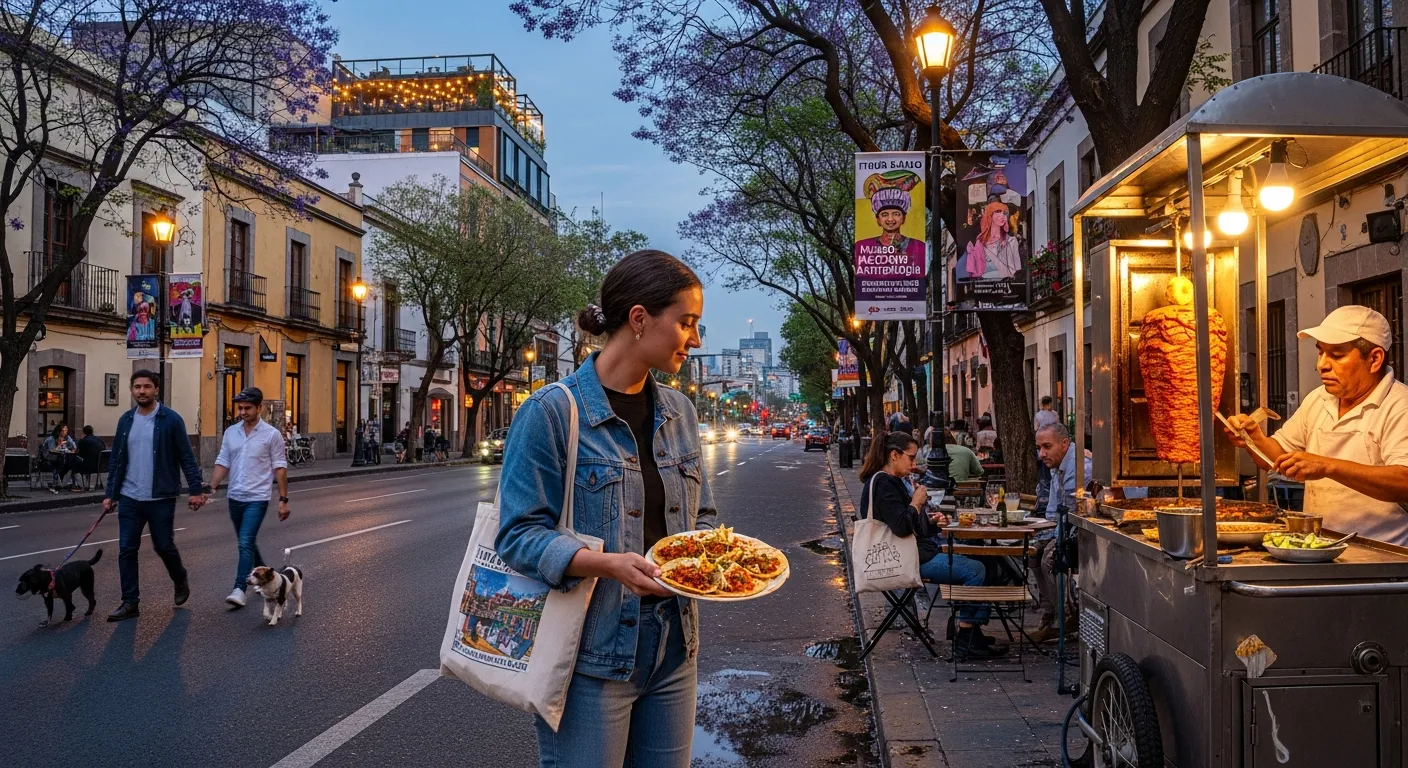 Traveler eating tacos on a jacaranda-lined street in Mexico City’s Roma Norte.